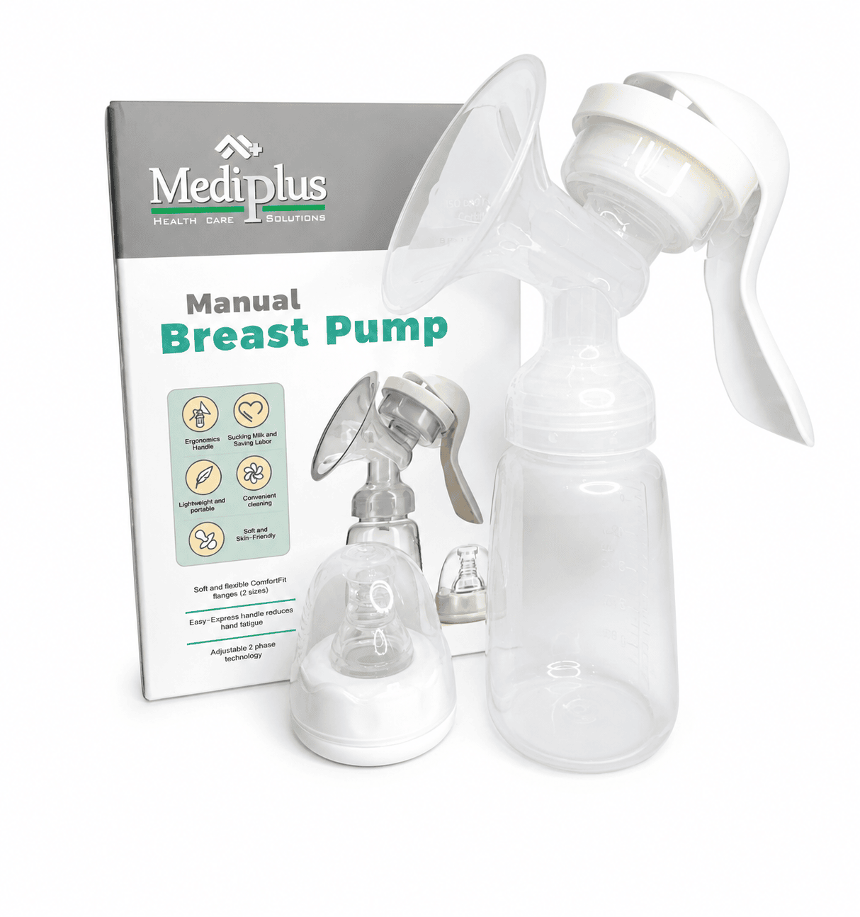 Mediplus Manual Breast Pump – BPA-Free, Portable, Comfortable Hand Breast Milk Pump with Feeding Bottle